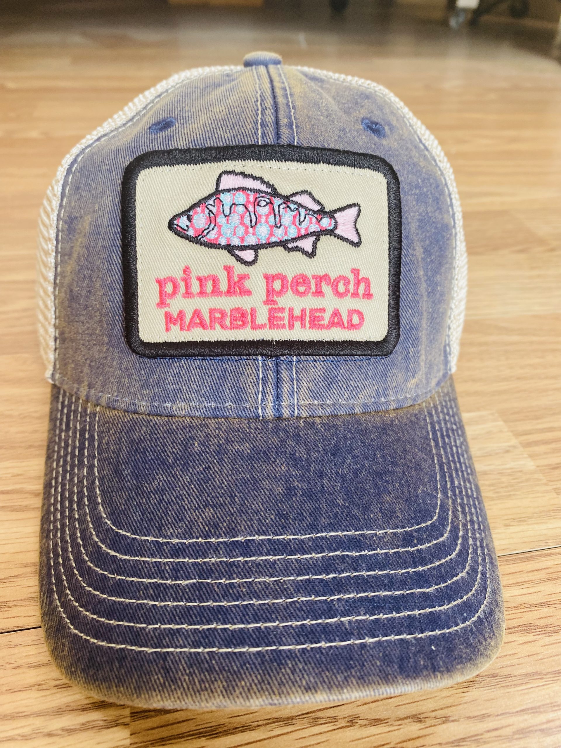 Pink Perch Distressed Blue Trucker Hat